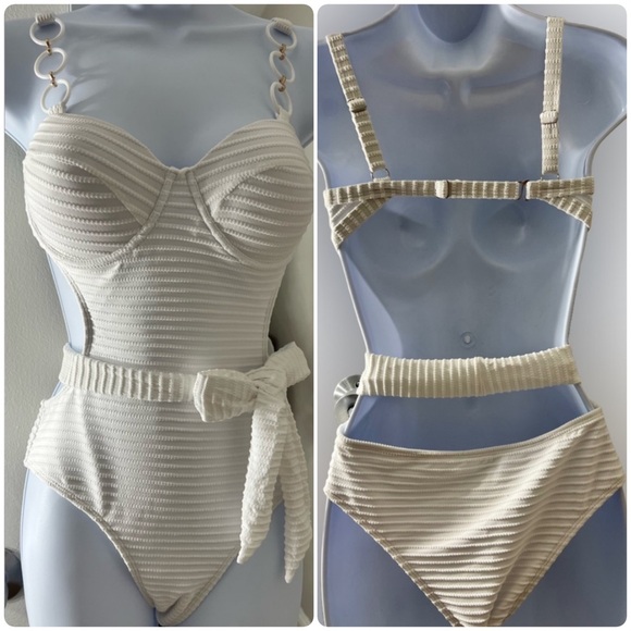 White Ribbed Push Up Cut Out Swimsuit - Picture 2 of 15